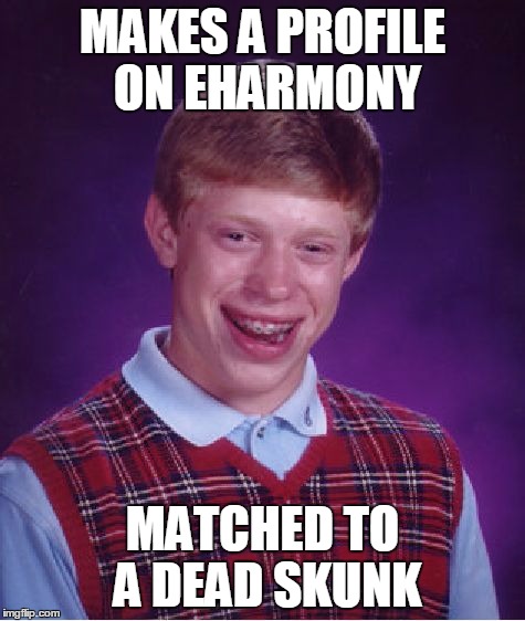 Bad Luck Brian Meme | MAKES A PROFILE ON EHARMONY MATCHED TO A DEAD SKUNK | image tagged in memes,bad luck brian | made w/ Imgflip meme maker