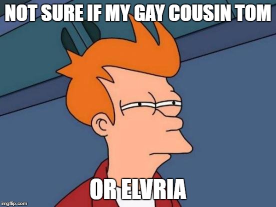 Futurama Fry Meme | NOT SURE IF MY GAY COUSIN TOM OR ELVRIA | image tagged in memes,futurama fry | made w/ Imgflip meme maker