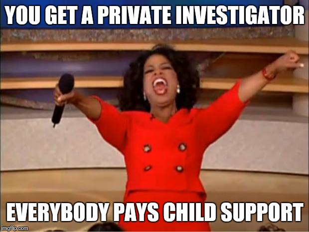 Oprah You Get A Meme | YOU GET A PRIVATE INVESTIGATOR EVERYBODY PAYS CHILD SUPPORT | image tagged in memes,oprah you get a | made w/ Imgflip meme maker