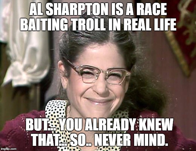 Emily Litella | AL SHARPTON IS A RACE BAITING TROLL IN REAL LIFE; BUT... YOU ALREADY KNEW THAT... SO.. NEVER MIND. | image tagged in emily litella | made w/ Imgflip meme maker