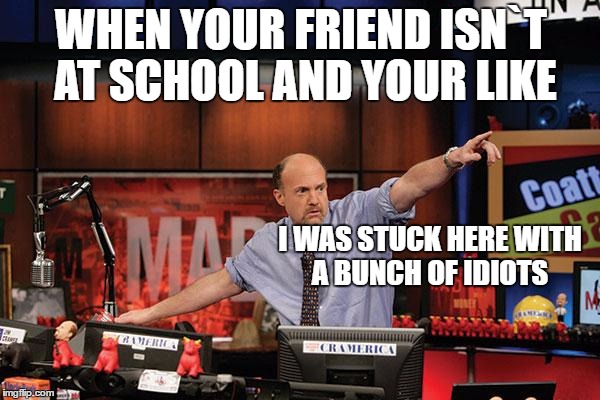 Mad Money Jim Cramer | WHEN YOUR FRIEND ISN`T AT SCHOOL AND YOUR LIKE; I WAS STUCK HERE WITH A BUNCH OF IDIOTS | image tagged in memes,mad money jim cramer | made w/ Imgflip meme maker