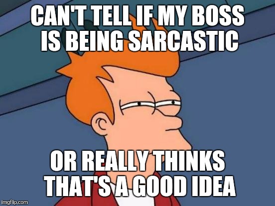 Futurama Fry | CAN'T TELL IF MY BOSS IS BEING SARCASTIC; OR REALLY THINKS THAT'S A GOOD IDEA | image tagged in memes,futurama fry | made w/ Imgflip meme maker