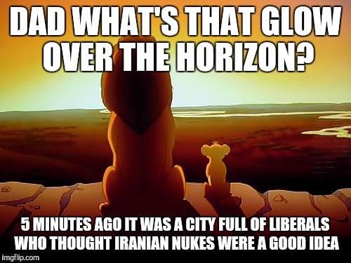 Lion King | DAD WHAT'S THAT GLOW OVER THE HORIZON? 5 MINUTES AGO IT WAS A CITY FULL OF LIBERALS WHO THOUGHT IRANIAN NUKES WERE A GOOD IDEA | image tagged in memes,lion king | made w/ Imgflip meme maker