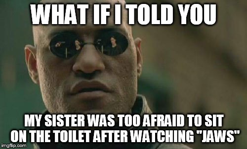 Matrix Morpheus Meme | WHAT IF I TOLD YOU MY SISTER WAS TOO AFRAID TO SIT ON THE TOILET AFTER WATCHING "JAWS" | image tagged in memes,matrix morpheus | made w/ Imgflip meme maker