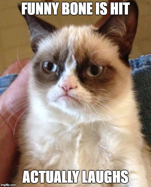 Grumpy Cat Meme | FUNNY BONE IS HIT; ACTUALLY LAUGHS | image tagged in memes,grumpy cat | made w/ Imgflip meme maker