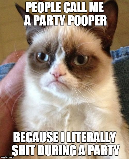 Grumpy Cat | PEOPLE CALL ME A PARTY POOPER; BECAUSE I LITERALLY SHIT DURING A PARTY | image tagged in memes,grumpy cat | made w/ Imgflip meme maker