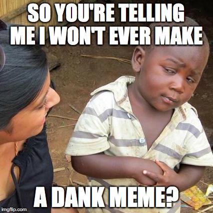 Third World Skeptical Kid Meme | SO YOU'RE TELLING ME I WON'T EVER MAKE; A DANK MEME? | image tagged in memes,third world skeptical kid | made w/ Imgflip meme maker