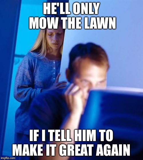 Internet Husband | HE'LL ONLY MOW THE LAWN; IF I TELL HIM TO MAKE IT GREAT AGAIN | image tagged in internet husband,The_Donald | made w/ Imgflip meme maker