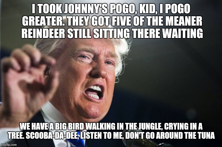 Bad Lip Reading Maestro, Donald Trump | I TOOK JOHNNY'S POGO, KID, I POGO GREATER. THEY GOT FIVE OF THE MEANER REINDEER STILL SITTING THERE WAITING; WE HAVE A BIG BIRD WALKING IN THE JUNGLE, CRYING IN A TREE. SCOOBA-DA-DEE, LISTEN TO ME, DON'T GO AROUND THE TUNA | image tagged in donald trump,memes | made w/ Imgflip meme maker