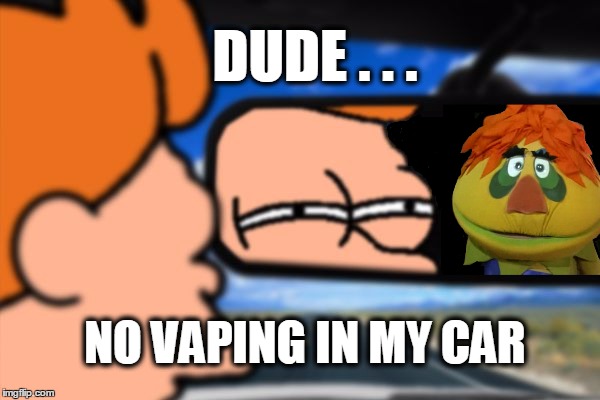 H.R. Vapinstuff | DUDE . . . NO VAPING IN MY CAR | image tagged in vaping,puffinstuff,fry not sure car version | made w/ Imgflip meme maker