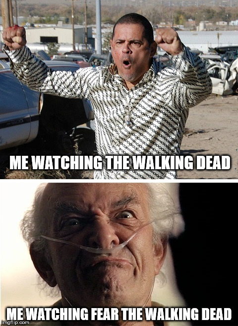 ME WATCHING THE WALKING DEAD; ME WATCHING FEAR THE WALKING DEAD | image tagged in tuco vs hector | made w/ Imgflip meme maker