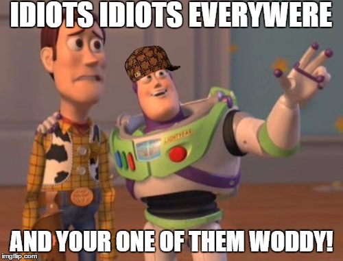 X, X Everywhere | IDIOTS IDIOTS EVERYWERE; AND YOUR ONE OF THEM WODDY! | image tagged in memes,x x everywhere,scumbag | made w/ Imgflip meme maker