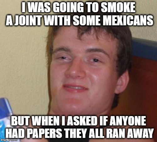 10 Guy Meme | I WAS GOING TO SMOKE A JOINT WITH SOME MEXICANS; BUT WHEN I ASKED IF ANYONE HAD PAPERS THEY ALL RAN AWAY | image tagged in memes,10 guy | made w/ Imgflip meme maker