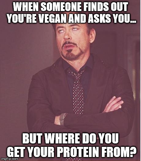 Vegan Protein | WHEN SOMEONE FINDS OUT YOU'RE VEGAN AND ASKS YOU... BUT WHERE DO YOU GET YOUR PROTEIN FROM? | image tagged in memes,face you make robert downey jr | made w/ Imgflip meme maker
