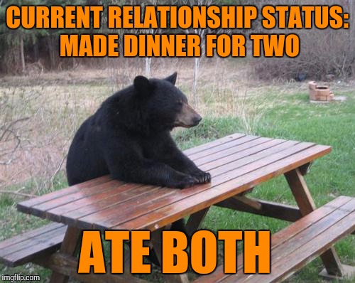 Bad Luck Bear | CURRENT RELATIONSHIP STATUS: MADE DINNER FOR TWO; ATE BOTH | image tagged in memes,bad luck bear | made w/ Imgflip meme maker