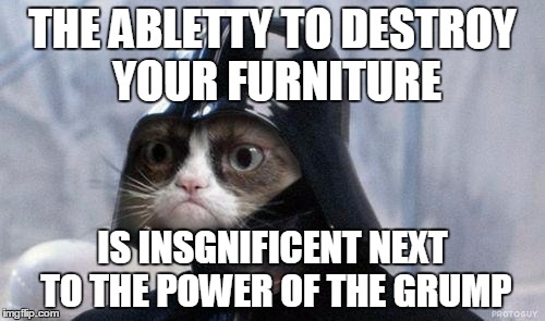 Grumpy Cat Star Wars Meme | THE ABLETTY TO DESTROY YOUR FURNITURE; IS INSGNIFICENT NEXT TO THE POWER OF THE GRUMP | image tagged in memes,grumpy cat star wars,grumpy cat | made w/ Imgflip meme maker