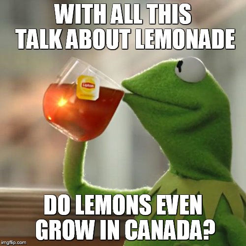 But That's None Of My Business | WITH ALL THIS TALK ABOUT LEMONADE; DO LEMONS EVEN GROW IN CANADA? | image tagged in memes,but thats none of my business,kermit the frog | made w/ Imgflip meme maker