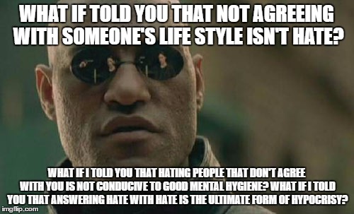 Matrix Morpheus Meme | WHAT IF TOLD YOU THAT NOT AGREEING WITH SOMEONE'S LIFE STYLE ISN'T HATE? WHAT IF I TOLD YOU THAT HATING PEOPLE THAT DON'T AGREE WITH YOU IS  | image tagged in memes,matrix morpheus | made w/ Imgflip meme maker
