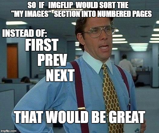 apparently i've made over 550 memes...  | SO  IF   IMGFLIP  WOULD SORT THE     "MY IMAGES"  SECTION INTO NUMBERED PAGES; INSTEAD OF:; FIRST; PREV; NEXT; THAT WOULD BE GREAT | image tagged in memes,that would be great,imgflip,suggestions | made w/ Imgflip meme maker
