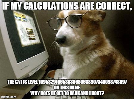 Smart Dog | IF MY CALCULATIONS ARE CORRECT, THE CAT IS LEVEL 109582910658038680638907346098748097 ON THIS GAME. WHY DOES HE GET TO HACK AND I DONT? | image tagged in smart dog | made w/ Imgflip meme maker