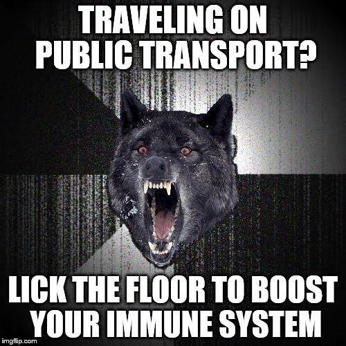 They don't call him Insanity Wolf for nothing... | TRAVELING ON PUBLIC TRANSPORT? LICK THE FLOOR TO BOOST YOUR IMMUNE SYSTEM | image tagged in memes,insanity wolf,public transport,medical | made w/ Imgflip meme maker