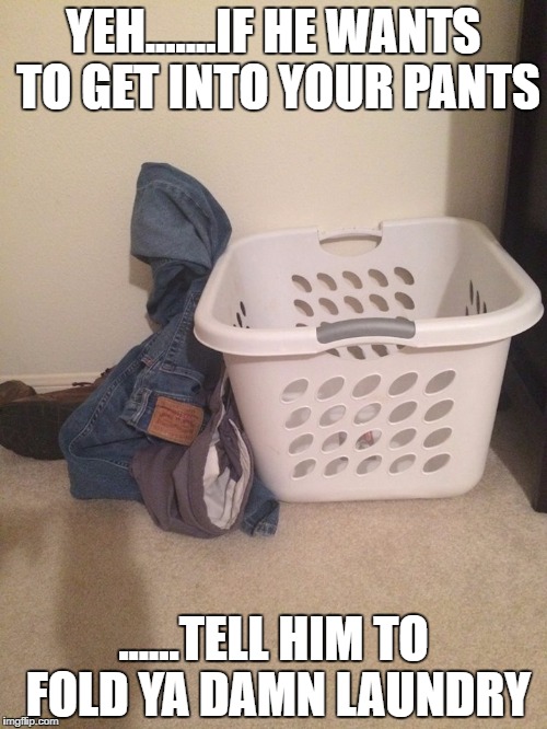 Dirty Laundry | YEH.......IF HE WANTS TO GET INTO YOUR PANTS; ......TELL HIM TO FOLD YA DAMN LAUNDRY | image tagged in dirty laundry | made w/ Imgflip meme maker