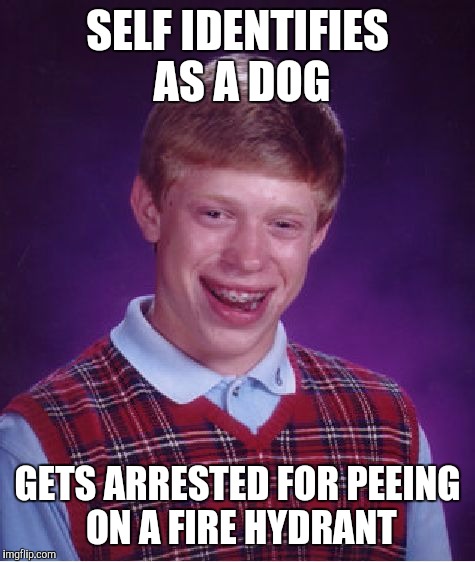 Bad Luck Brian | SELF IDENTIFIES AS A DOG; GETS ARRESTED FOR PEEING ON A FIRE HYDRANT | image tagged in memes,bad luck brian | made w/ Imgflip meme maker