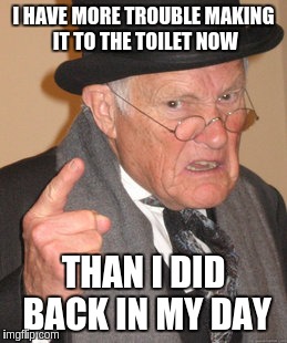 Back In My Day Meme | I HAVE MORE TROUBLE MAKING IT TO THE TOILET NOW THAN I DID BACK IN MY DAY | image tagged in memes,back in my day | made w/ Imgflip meme maker