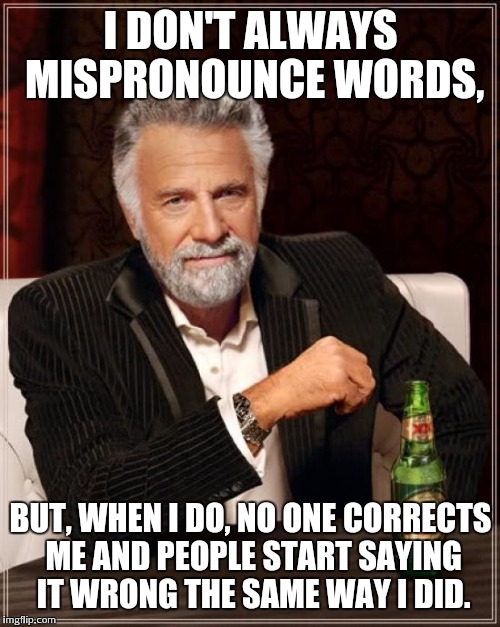 The Most Interesting Man In The World Meme | I DON'T ALWAYS MISPRONOUNCE WORDS, BUT, WHEN I DO, NO ONE CORRECTS ME AND PEOPLE START SAYING IT WRONG THE SAME WAY I DID. | image tagged in memes,the most interesting man in the world | made w/ Imgflip meme maker