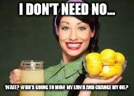 I DON'T NEED NO... WAIT?  WHO'S GOING TO MOW MY LAWN AND CHANGE MY OIL? | made w/ Imgflip meme maker