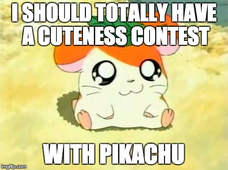 Hamtaro is probably more adorable than Pikachu | I SHOULD TOTALLY HAVE A CUTENESS CONTEST; WITH PIKACHU | image tagged in memes,hamtaro | made w/ Imgflip meme maker