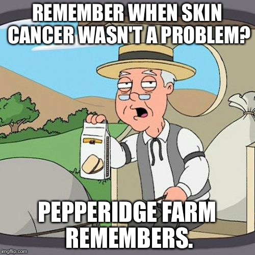 Pepperidge Farm Remembers | REMEMBER WHEN SKIN CANCER WASN'T A PROBLEM? PEPPERIDGE FARM REMEMBERS. | image tagged in memes,pepperidge farm remembers | made w/ Imgflip meme maker