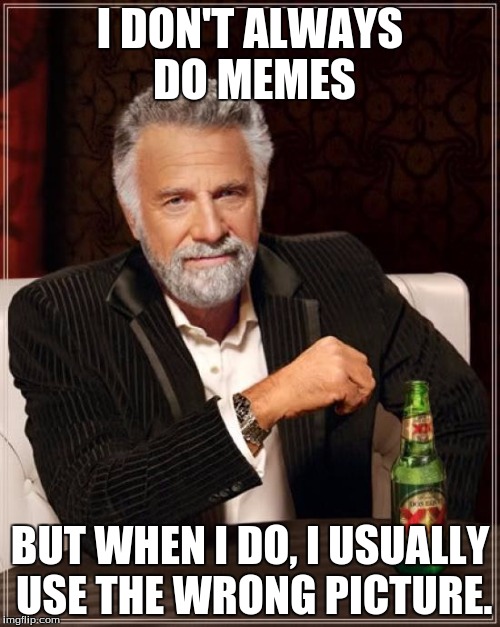 The Most Interesting Man In The World | I DON'T ALWAYS DO MEMES; BUT WHEN I DO, I USUALLY USE THE WRONG PICTURE. | image tagged in memes,the most interesting man in the world | made w/ Imgflip meme maker