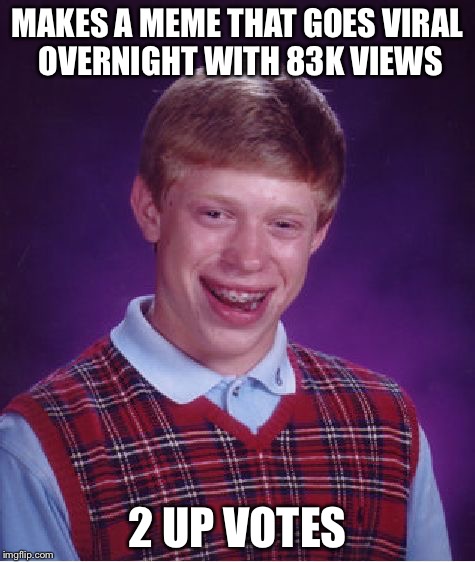 Seriously, what does it take to get on the front page? | MAKES A MEME THAT GOES VIRAL OVERNIGHT WITH 83K VIEWS; 2 UP VOTES | image tagged in memes,bad luck brian | made w/ Imgflip meme maker