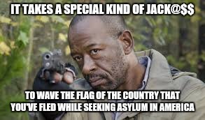 special kind of stupid #TWD | IT TAKES A SPECIAL KIND OF JACK@$$; TO WAVE THE FLAG OF THE COUNTRY THAT YOU'VE FLED WHILE SEEKING ASYLUM IN AMERICA | image tagged in special kind of stupid twd | made w/ Imgflip meme maker