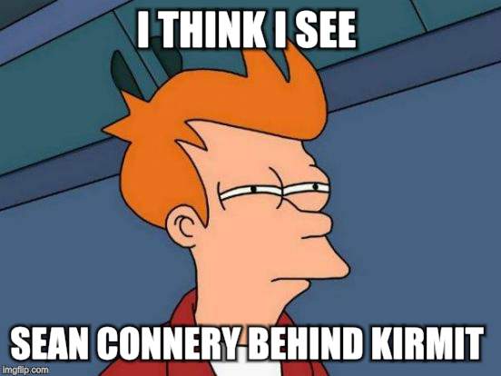 Futurama Fry Meme | I THINK I SEE SEAN CONNERY BEHIND KIRMIT | image tagged in memes,futurama fry | made w/ Imgflip meme maker