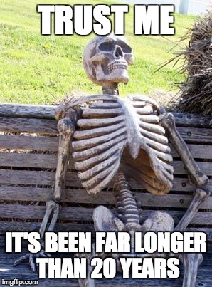 Waiting Skeleton Meme | TRUST ME IT'S BEEN FAR LONGER THAN 20 YEARS | image tagged in memes,waiting skeleton | made w/ Imgflip meme maker