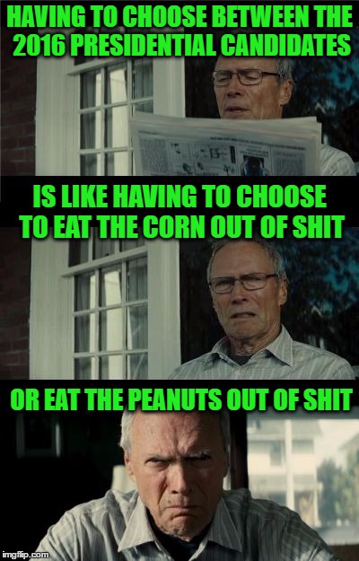 Bad Eastwood Pun | HAVING TO CHOOSE BETWEEN THE 2016 PRESIDENTIAL CANDIDATES; IS LIKE HAVING TO CHOOSE TO EAT THE CORN OUT OF SHIT; OR EAT THE PEANUTS OUT OF SHIT | image tagged in bad eastwood pun | made w/ Imgflip meme maker