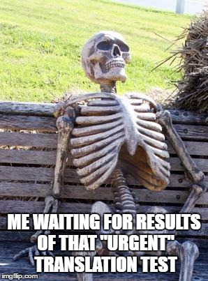 Waiting Skeleton | ME WAITING FOR RESULTS OF THAT "URGENT" TRANSLATION TEST | image tagged in memes,waiting skeleton | made w/ Imgflip meme maker