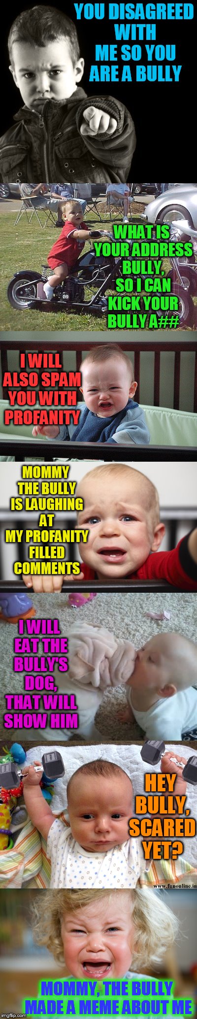 If you like this, just upvote, commenting will probably have him swearing at you for 3 days too. | YOU DISAGREED WITH ME SO YOU ARE A BULLY; WHAT IS YOUR ADDRESS BULLY, SO I CAN KICK YOUR BULLY A##; I WILL ALSO SPAM YOU WITH PROFANITY; MOMMY THE BULLY IS LAUGHING AT MY PROFANITY FILLED COMMENTS; I WILL EAT THE BULLY'S DOG, THAT WILL SHOW HIM; HEY BULLY, SCARED YET? MOMMY, THE BULLY MADE A MEME ABOUT ME | image tagged in meme,memebully | made w/ Imgflip meme maker