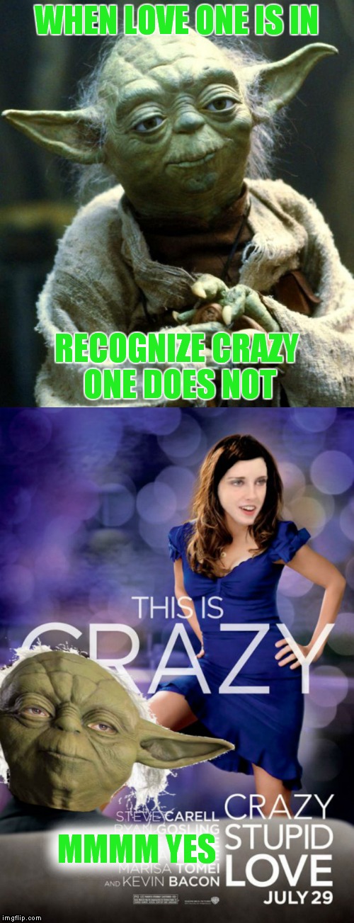 Examine her darkside I must | WHEN LOVE ONE IS IN; RECOGNIZE CRAZY ONE DOES NOT; MMMM YES | image tagged in yoda wisdom,overly attached girlfriend,crazy girlfriend,love,funny | made w/ Imgflip meme maker