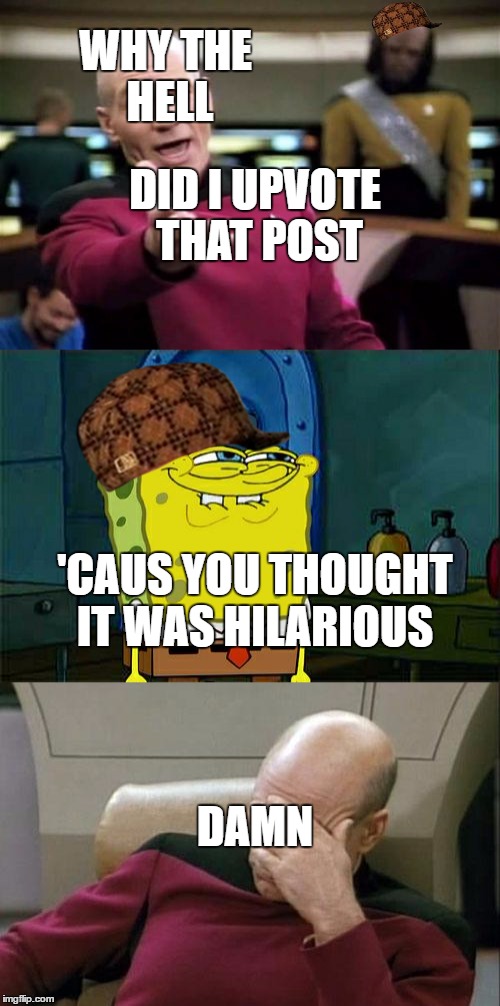DID I UPVOTE THAT POST; WHY THE HELL; 'CAUS YOU THOUGHT IT WAS HILARIOUS; DAMN | image tagged in spongebob,picard wtf,captain picard facepalm | made w/ Imgflip meme maker