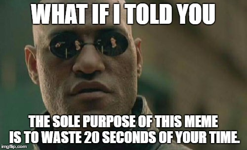 Matrix Morpheus | WHAT IF I TOLD YOU; THE SOLE PURPOSE OF THIS MEME IS TO WASTE 20 SECONDS OF YOUR TIME. | image tagged in memes,matrix morpheus | made w/ Imgflip meme maker