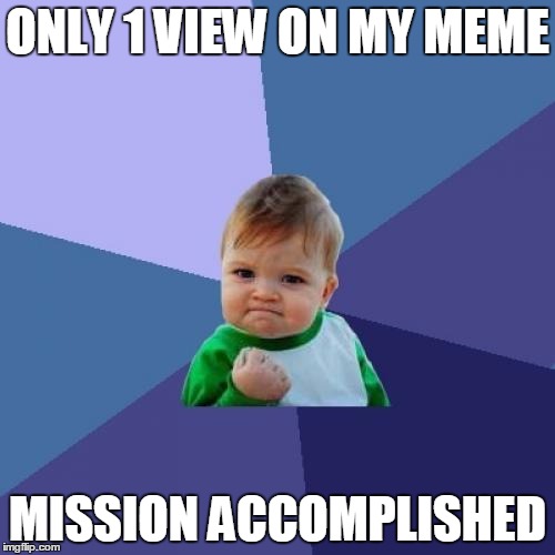 Trying to get only 1 view on one of my memes | ONLY 1 VIEW ON MY MEME; MISSION ACCOMPLISHED | image tagged in memes,success kid | made w/ Imgflip meme maker
