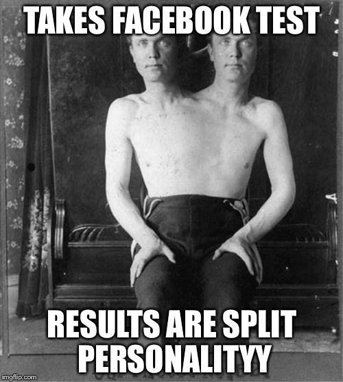 Two headed man | TAKES FACEBOOK TEST RESULTS ARE SPLIT PERSONALITYY | image tagged in two headed man | made w/ Imgflip meme maker