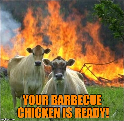 Evil Cows | YOUR BARBECUE CHICKEN IS READY! | image tagged in memes,evil cows,barbecue,chicken,hahaha | made w/ Imgflip meme maker