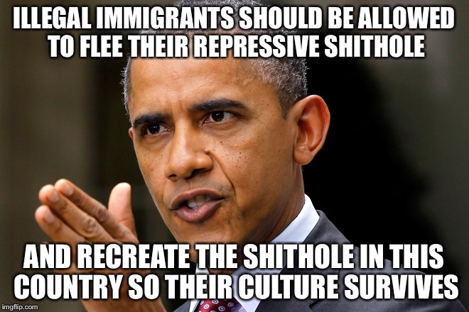 Obama | ILLEGAL IMMIGRANTS SHOULD BE ALLOWED TO FLEE THEIR REPRESSIVE SHITHOLE AND RECREATE THE SHITHOLE IN THIS COUNTRY SO THEIR CULTURE SURVIVES | image tagged in obama | made w/ Imgflip meme maker