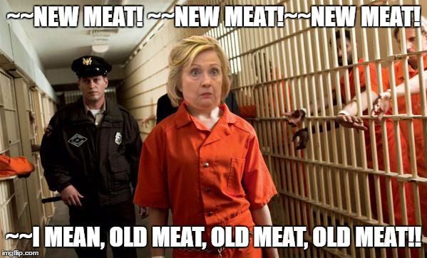 Hillary Jail | ~~NEW MEAT! ~~NEW MEAT!~~NEW MEAT! ~~I MEAN, OLD MEAT, OLD MEAT, OLD MEAT!! | image tagged in hillary jail | made w/ Imgflip meme maker
