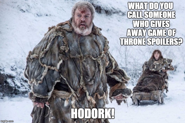 Hodor  | WHAT DO YOU CALL SOMEONE WHO GIVES AWAY GAME OF THRONE SPOILERS? HODORK! | image tagged in hodor | made w/ Imgflip meme maker