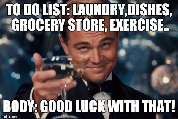 Leonardo Dicaprio Cheers | TO DO LIST: LAUNDRY,DISHES, GROCERY STORE, EXERCISE.. BODY: GOOD LUCK WITH THAT! | image tagged in memes,leonardo dicaprio cheers | made w/ Imgflip meme maker